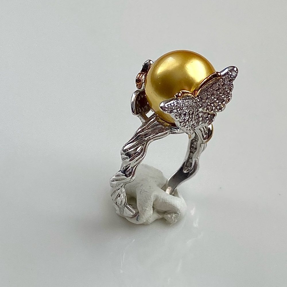 R25- Premium Round Deep Gold South Sea Pearl 11.8 mm s925 Butterfly Ring - Picture 3 of 9